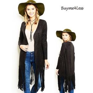 Black Hippie BOHO Faux Suede Long Fringed Cardigan